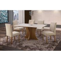 Conjunto de Mesa de Jantar com 6 Cadeiras e Tampo de Madeira Maciça Turim Suede I Creme e Off White - Minas Decor