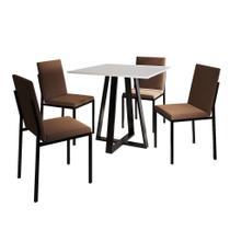 Conjunto de Mesa de Jantar com Tampo Branco e 4 Cadeiras Mônaco Veludo Marrom e Preto