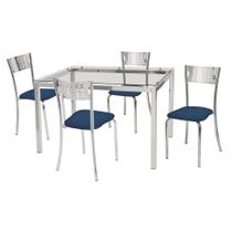 Conjunto de Mesa de Jantar com Tampo de Vidro e 4 Cadeiras Rafaela Cromado e Azul