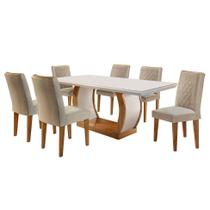 Conjunto de Mesa de Jantar com Tampo de Vidro e 6 Cadeiras Maia Linho Bege e Imbuia