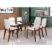 Conjunto de Mesa de Jantar com Tampo de Vidro Incolor e 6 Cadeiras Darwin Vinil Branco