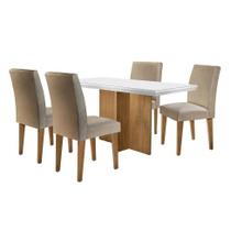 Conjunto de Mesa de Jantar com Tampo Off White Ane e 4 Cadeiras Grécia Linho Bege e Imbuia