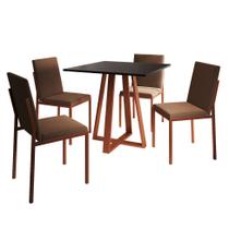 Conjunto de Mesa de Jantar com Tampo Preto e 4 Cadeiras Mônaco Veludo Marrom e Cobre
