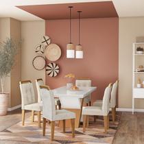 Conjunto de Mesa de Jantar com Vidro e 6 Cadeiras Amanda Veludo Creme e Off White Conjunto de Mesa de Jantar com Vidro e 6 Cadeiras Amanda Veludo Creme e Off White