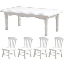 Conjunto de mesa de jantar e cadeiras Doll em escala 1/12 - madeira branca Conjunto de mesa de jantar e cadeiras Doll em escala 1/12 - madeira branca