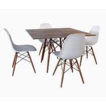 Conjunto De Mesa De Jantar Eames Eiffel Quadrada 90cm Tampo De Madeira Amêndoa Com 4 Cadeiras Branca