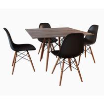 Conjunto De Mesa De Jantar Eames Eiffel Quadrada 90cm Tampo De Madeira Amêndoa Com 4 Cadeiras Pretas
