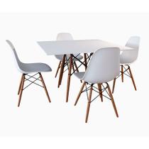 Conjunto de Mesa de Jantar Eames Eiffel Quadrada 90cm Tampo de Madeira Branco com 4 Cadeiras Brancas