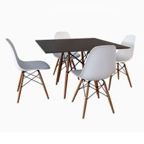 Conjunto De Mesa De Jantar Eames Eiffel Quadrada 90cm Tampo De Madeira Preto Com 4 Cadeiras Brancas