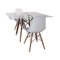 Conjunto De Mesa De Jantar Eames Eiffel Quadrada 90cm Tampo De Vidro Com 2 Cadeiras Brancas