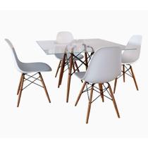 Conjunto de Mesa de Jantar Eames Eiffel Quadrada 90cm Tampo de Vidro com 4 Cadeiras Brancas - House Design