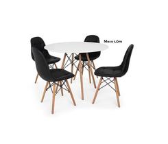 Conjunto de Mesa de Jantar Eames Eiffel Redonda 100cm Tampo de Madeira Branco com 4 Cadeiras Pretas