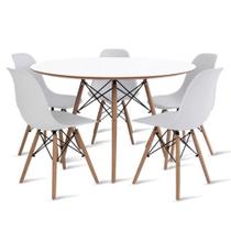 Conjunto De Mesa De Jantar Eames Eiffel Redonda 100cm Tampo De Madeira Branco Com 5 Cadeiras Brancas