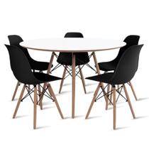 Conjunto De Mesa De Jantar Eames Eiffel Redonda 100cm Tampo De Madeira Branco Com 5 Cadeiras Pretas