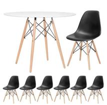 Conjunto de Mesa de Jantar Eames Eiffel Redonda 100cm Tampo de Madeira Branco com 6 Cadeiras Pretas