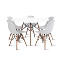Conjunto de Mesa de Jantar Eames Eiffel Redonda 100cm Tampo de Madeira com 5 Cadeiras - Branco
