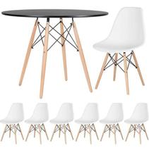 Conjunto de Mesa de Jantar Eames Eiffel Redonda 100cm Tampo de Madeira Preto com 6 Cadeiras Brancas