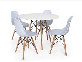 Conjunto De Mesa De Jantar Eames Eiffel Redonda 110cm Tampo De Madeira Branco Com 4 Cadeiras Brancas
