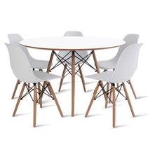Conjunto de Mesa de Jantar Eames Eiffel Redonda 110cm Tampo de Madeira Branco com 5 Cadeiras Brancas