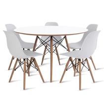 Conjunto De Mesa De Jantar Eames Eiffel Redonda 110cm Tampo De Madeira Branco Com 5 Cadeiras Brancas