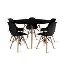 Conjunto de Mesa de Jantar Eames Eiffel Redonda 110cm Tampo de Madeira com 5 Cadeiras - Preto