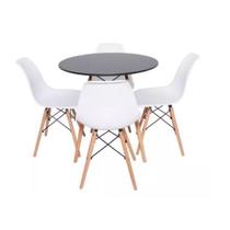 Conjunto De Mesa De Jantar Eames Eiffel Redonda 110cm Tampo De Madeira Preto Com 4 Cadeiras Brancas