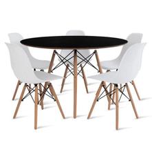 Conjunto de Mesa de Jantar Eames Eiffel Redonda 110cm Tampo de Madeira Preto com 5 Cadeiras Brancas