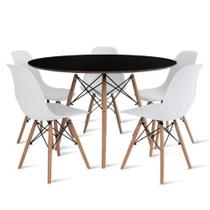 Conjunto De Mesa De Jantar Eames Eiffel Redonda 110cm Tampo De Madeira Preto Com 5 Cadeiras Brancas