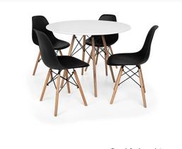 Conjunto De Mesa De Jantar Eames Eiffel Redonda 120cm Tampo De Madeira Branco Com 4 Cadeiras Pretas
