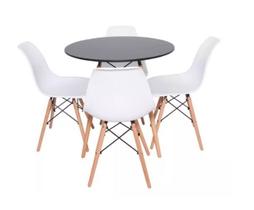 Conjunto de Mesa de Jantar Eames Eiffel Redonda 120cm Tampo de Madeira Preto com 4 Cadeiras Brancas