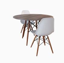 Conjunto De Mesa De Jantar Eames Eiffel Redonda 90cm Tampo De Madeira Amêndoa Com 2 Cadeiras Brancas Conjunto De Mesa De Jantar Eames Eiffel Redonda 90cm Tampo De Madeira Amêndoa Com 2 Cadeiras Brancas