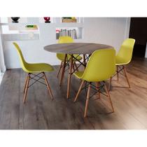 Conjunto de Mesa de Jantar Eames Eiffel Redonda 90cm Tampo de Madeira Amêndoa com 4 Cadeiras Amarela