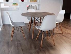 Conjunto De Mesa De Jantar Eames Eiffel Redonda 90cm Tampo De Madeira Amêndoa Com 4 Cadeiras Brancas