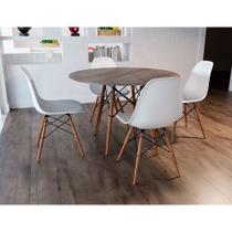 Conjunto De Mesa De Jantar Eames Eiffel Redonda 90cm Tampo De Madeira Amêndoa Com 4 Cadeiras Brancas Conjunto De Mesa De Jantar Eames Eiffel Redonda 90cm Tampo De Madeira Amêndoa Com 4 Cadeiras Brancas