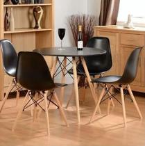 Conjunto De Mesa De Jantar Eames Eiffel Redonda 90cm Tampo De Madeira Preto Com 4 Cadeiras Pretas