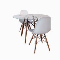 Conjunto De Mesa De Jantar Eames Eiffel Redonda 90cm Tampo De Vidro Com 2 Cadeiras Brancas