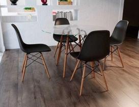 Conjunto De Mesa De Jantar Eames Eiffel Redonda 90cm Tampo De Vidro Com 4 Cadeiras Pretas