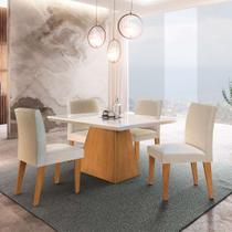 Conjunto de Mesa de Jantar Luna com Tampo Off White e 4 Cadeiras Grécia Veludo Creme e Imbuia - Modern