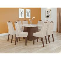 Conjunto de Mesa de Jantar Quadrada com Tampo de Vidro Off White e 8 Cadeiras Nevada Linho Bege e Imbuia