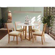 Conjunto de Mesa de Jantar Redonda com Tampo de Vidro Off White 105 cm e 4 Cadeiras Premium Veludo Bege e Carvalho