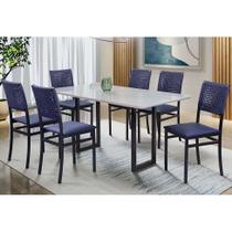 Conjunto de Mesa de Jantar Retangular com Tampo de Vidro Branco e 6 Cadeiras Madri Azul e Preto