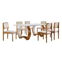 Conjunto de Mesa de Jantar Retangular com Tampo de Vidro e 6 Cadeiras Padua Linho Off White e Cinamomo Imbuia
