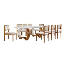 Conjunto de Mesa de Jantar Retangular com Tampo de Vidro e 8 Cadeiras Padua Linho Off White e Cinamomo Imbuia