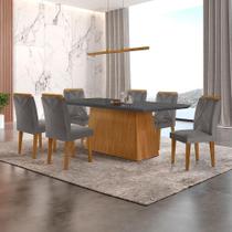 Conjunto de Mesa de Jantar Retangular com Tampo de Vidro Luna e 6 Cadeiras Italia Veludo Grafite e Imbuia Conjunto de Mesa de Jantar Retangular com Tampo de Vidro Luna e 6 Cadeiras Italia Veludo Grafite e Imbuia