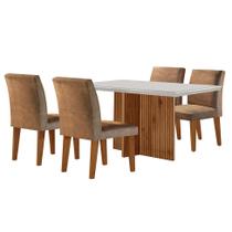 Conjunto de Mesa de Jantar Retangular com Tampo de Vidro Off White Berlim e 4 Cadeiras Bélgica Suede Animalle Chocolate e Imbuia Conjunto de Mesa de Jantar Retangular com Tampo de Vidro Off White Berlim e 4 Cadeiras Bélgica Suede Animalle Chocolate e Imbuia