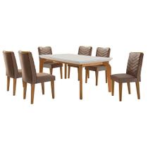 Conjunto de Mesa de Jantar Retangular com Tampo de Vidro Off White e 6 Cadeiras Turquesa Veludo Marrom e Imbuia