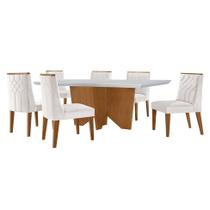 Conjunto de Mesa de Jantar Retangular com Tampo de Vidro Off White e 6 Cadeiras Varsóvia Veludo Pérola e Imbuia