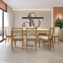 Conjunto de Mesa de Jantar Retangular com Tampo de Vidro Off White e 8 Cadeiras Premium Veludo Bege e Carvalho - Modern