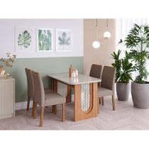 Conjunto de Mesa de Jantar Retangular com Tampo de Vidro Off White Letícia e 4 Cadeiras Clarice Linho Bege e Cinamomo