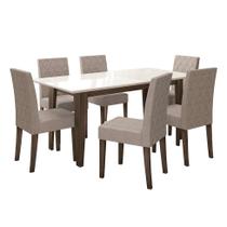 Conjunto de Mesa de Jantar Retangular com Tampo de Vidro Off White Liz e 6 Cadeiras Jade Suede Capuccino e Amêndoa - Poliman Móveis